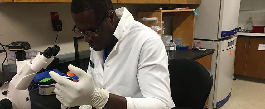 Student working in lab with samples wearing a white coat.