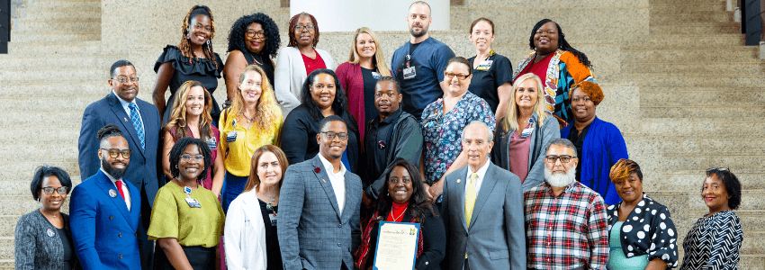 September is National Sickle Cell Awareness Month and the City of Mobile issued a proclamation recognizing the observance.  Representatives of the USA’s Johnson Haynes Jr. Comprehensive Sickle Cell Center, including Ardie Pack-Mabien, Ph.D., FNP-BC, director;Antwan Hogue, M.D., medical director; and Hamayun Imran, M.D., division chief of pediatric hematology/oncology; received the proclamation from Mayor Sandy Stimpson during the city council meeting. 