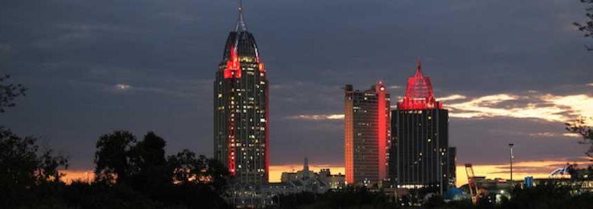 RSA Tower in downtown Mobile, Alabama lit red to recognize Sickle Cell Awareness Month on Sunday, September 8, 2024