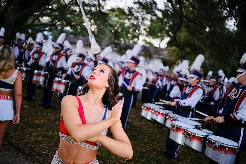 Jaguar Marching Band Twirler looking up 