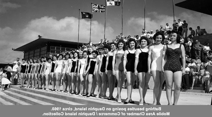 Bathing Beauties posing on Dauphin Island, Circa 1960