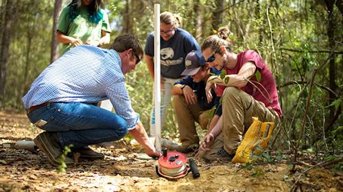 Students working outside on geology project.