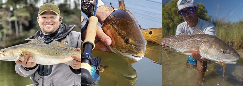 Two people holding fish and a fish up close.