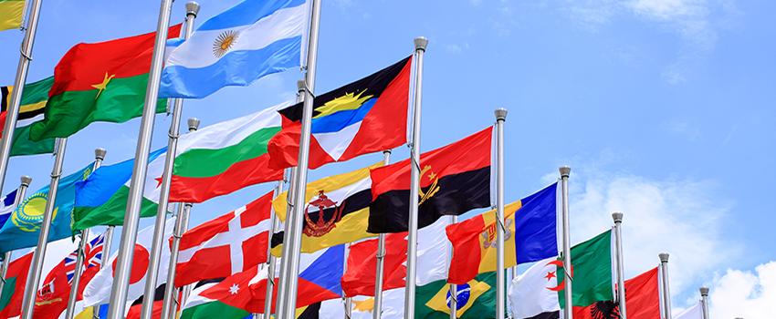 International flags in front of U N Building in Manhattan