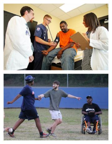 Medical students volunteering at the free clinic and participating in "Buddy Ball."