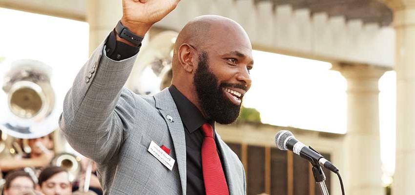 Ronnie Stallworth giving a speech under Moulton Tower. data-lightbox='featured'