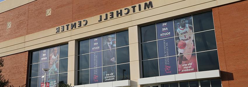 Mitchell Center back view showing the banners.