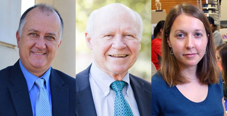 From L-R; Dr. Lesley Gregoricka, associate professor of anthropology, was selected as Scholar of the Year, Dr. Joseph Hair, professor of marketing and quantitative methods, receives Lifetime Achievement Award, Dr. Thomas Rowell, professor of music, was selected as Artist of the Year.