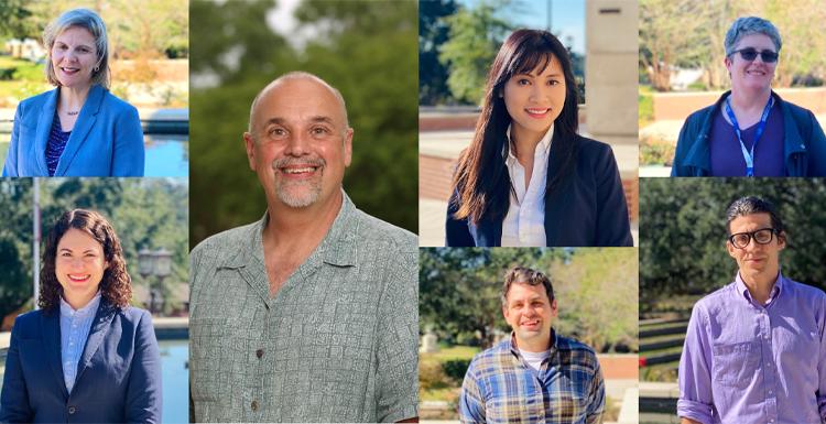 The University of South Alabama College of Arts and Sciences hosted it’s 40th Annual Dean’s Lecture and Faculty Awards Ceremony November 3, 2021. Seven faculty members were recognized for their achievements. Clockwise from top left: Dr. Sinead Ni` Chadhain; Thu Olsen; Dr. Philip Carr; Dr. Susan McCready; Dr. Kelly Urban; Dr. Jeremiah Henning; and Dr. Brian Whitener.