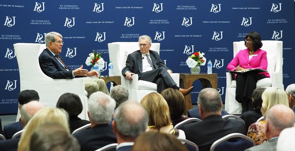 Former Senate Majority Leaders Tom Daschle, center, and Trent Lott discussed bipartisanship Irving Silver and Frances Grodsky Silver Endowed Presidential Lecture in the MacQueen Alumni Center.