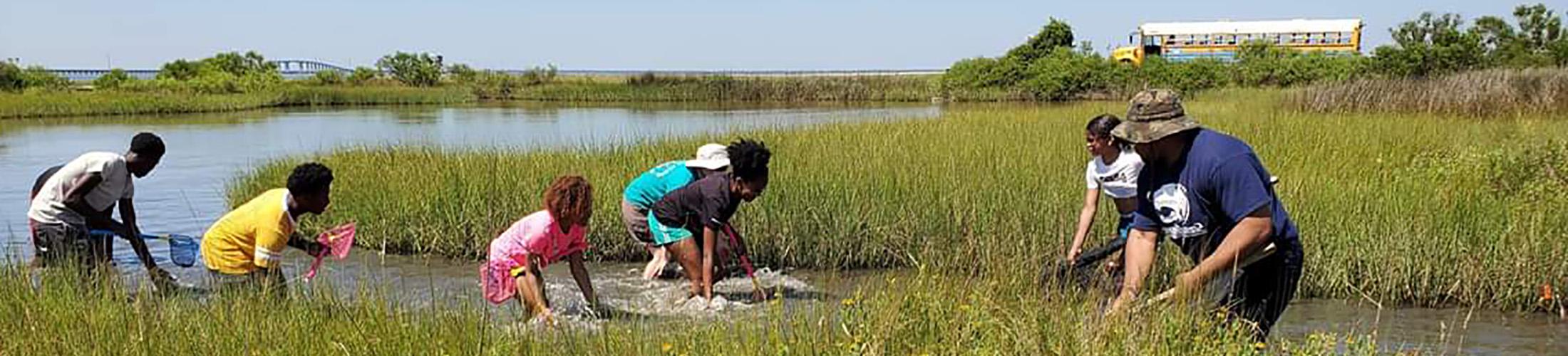 Upward Bound students in the water collecting trash.